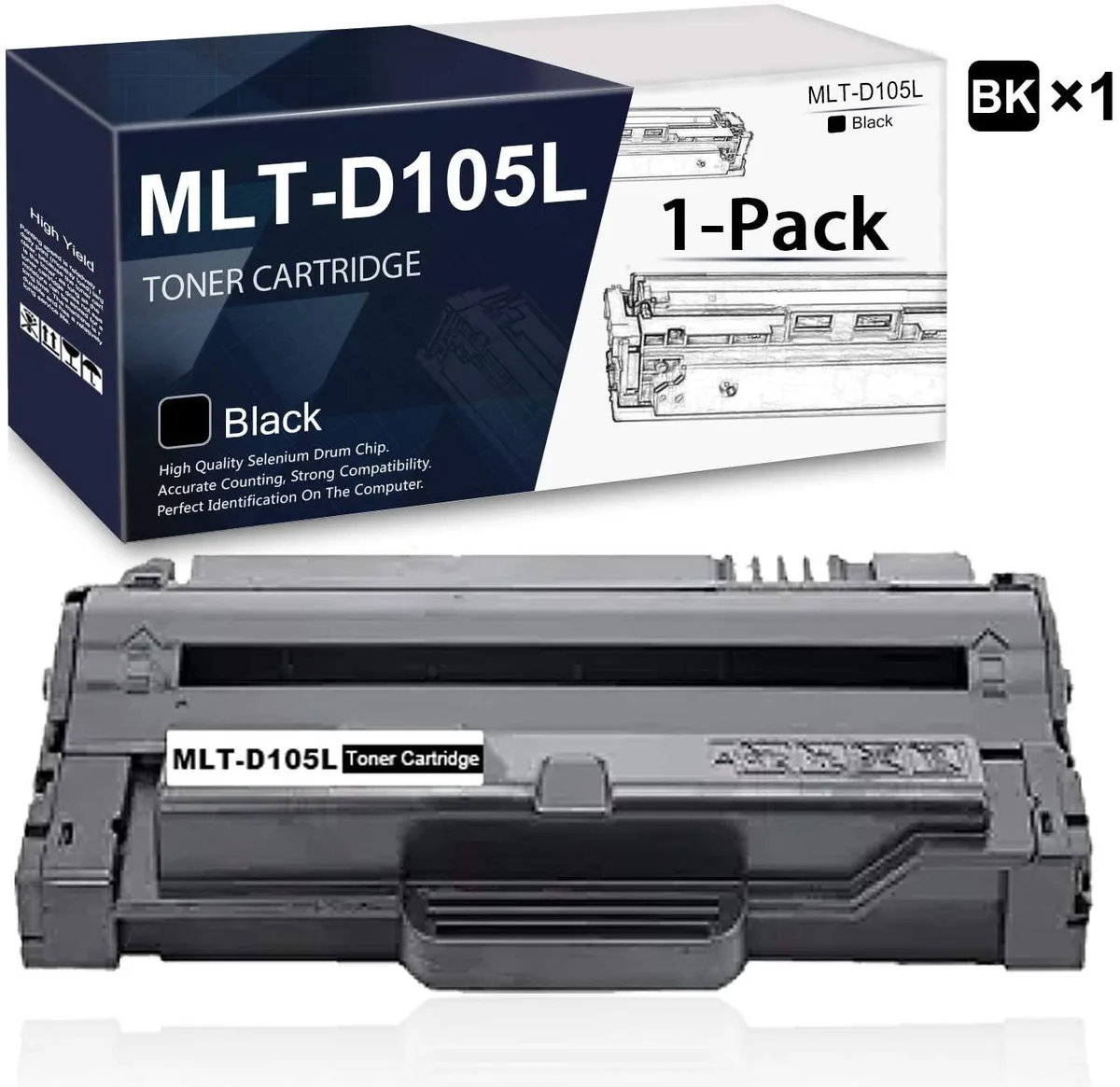 Black rectangular toner cartridge in protective packaging