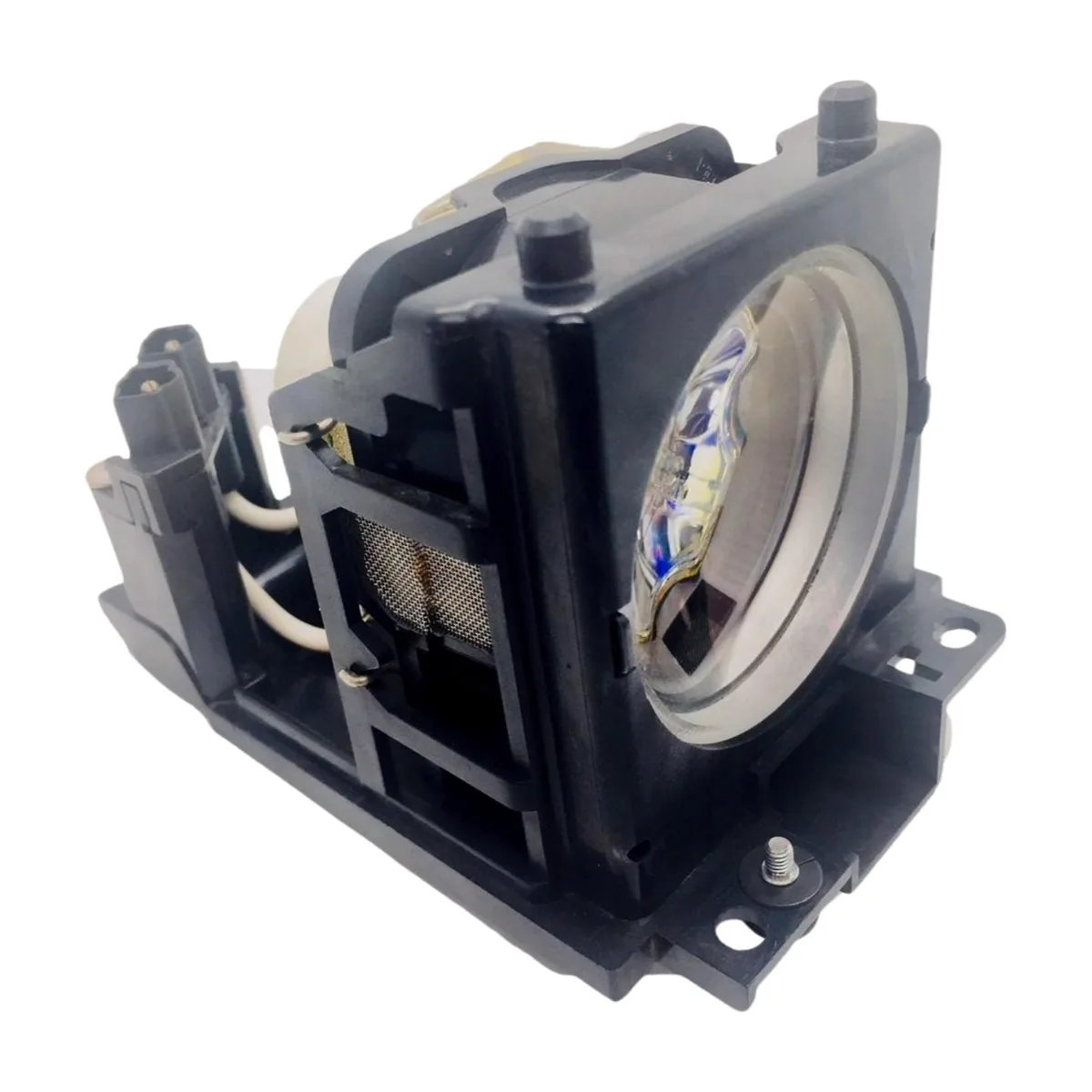 White rectangular projector lamp module in plastic housing with metal connector and glass bulb visible