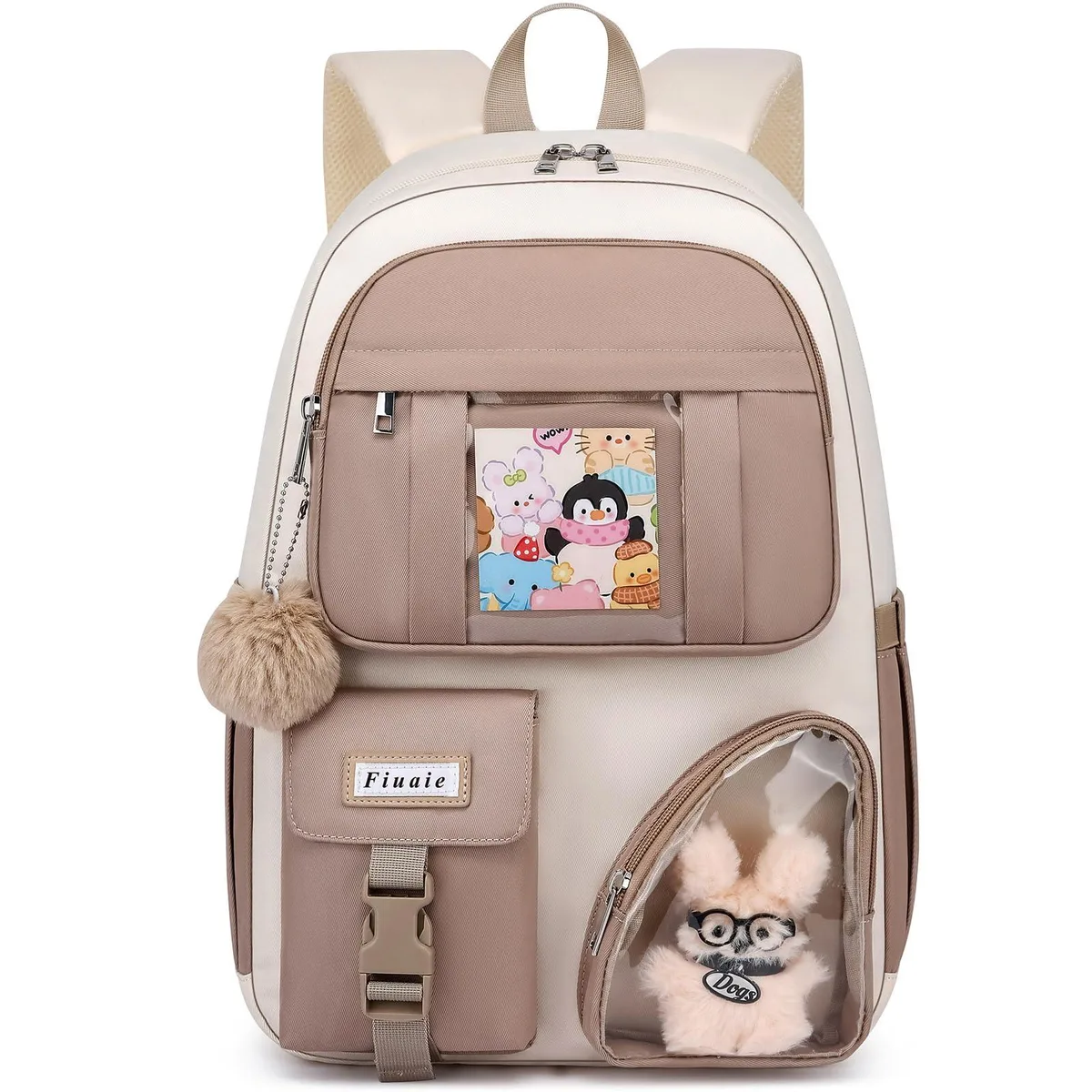Beige nylon laptop backpack with cartoon pattern and plush pom-pom
