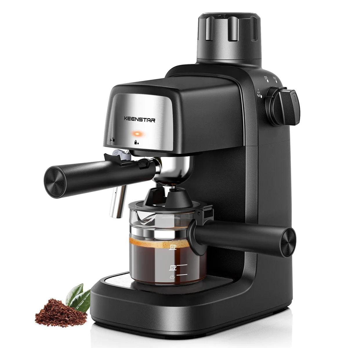 Compact black semi-automatic espresso machine with stainless steel housing, manual frother and glass carafe