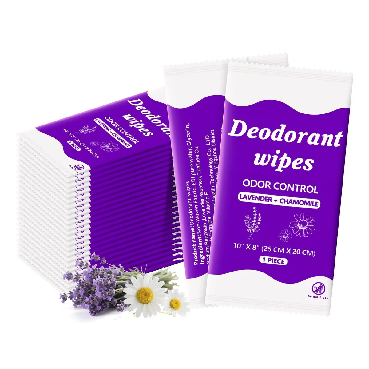 Purple box containing 50 individually wrapped lavender-scented body wipes