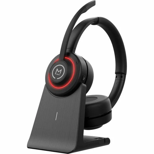 Over-ear wireless headset with padded ear cups and adjustable boom microphone