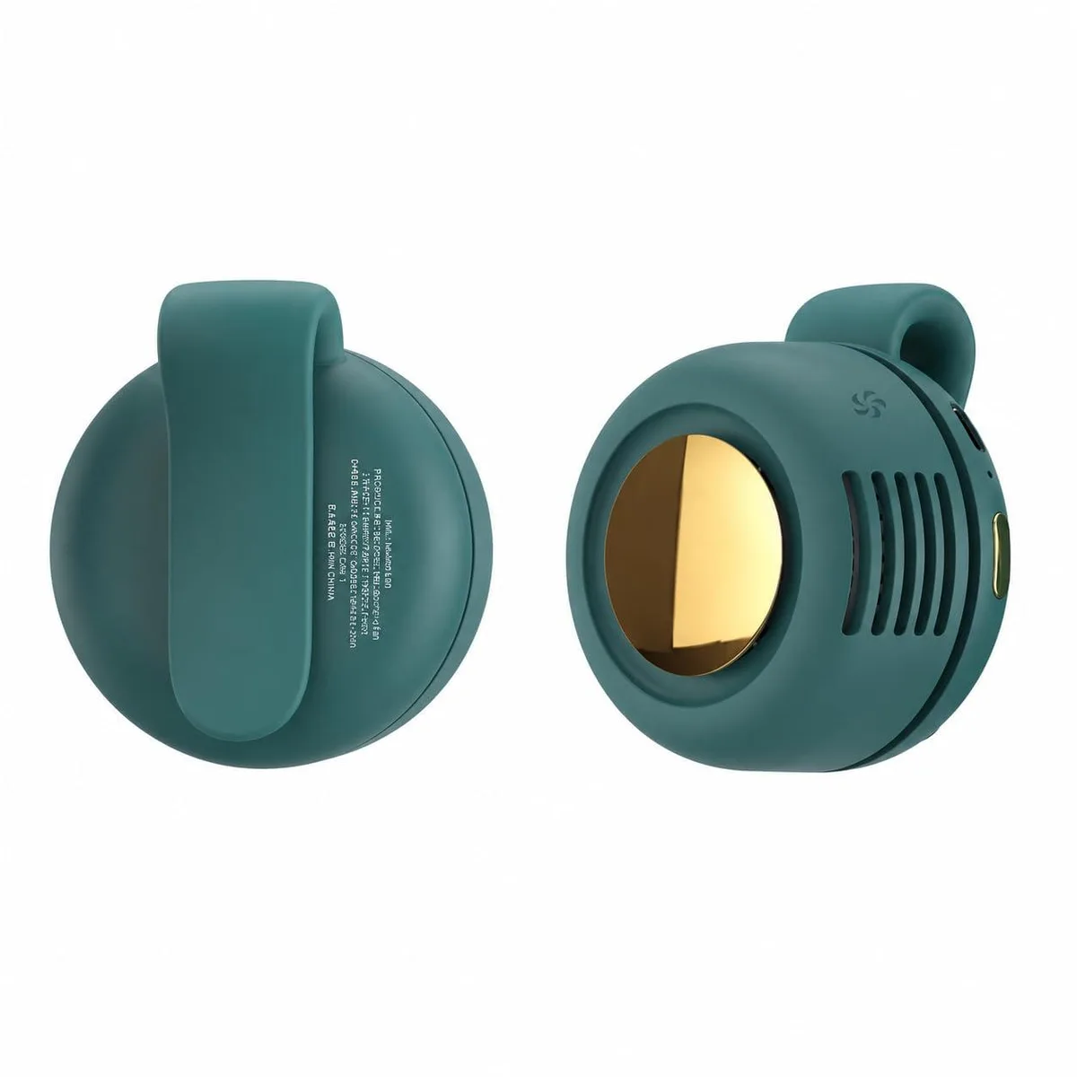 Small green clip-on fan with matte white finish, bladeless vents and silicone-wrapped metal clip
