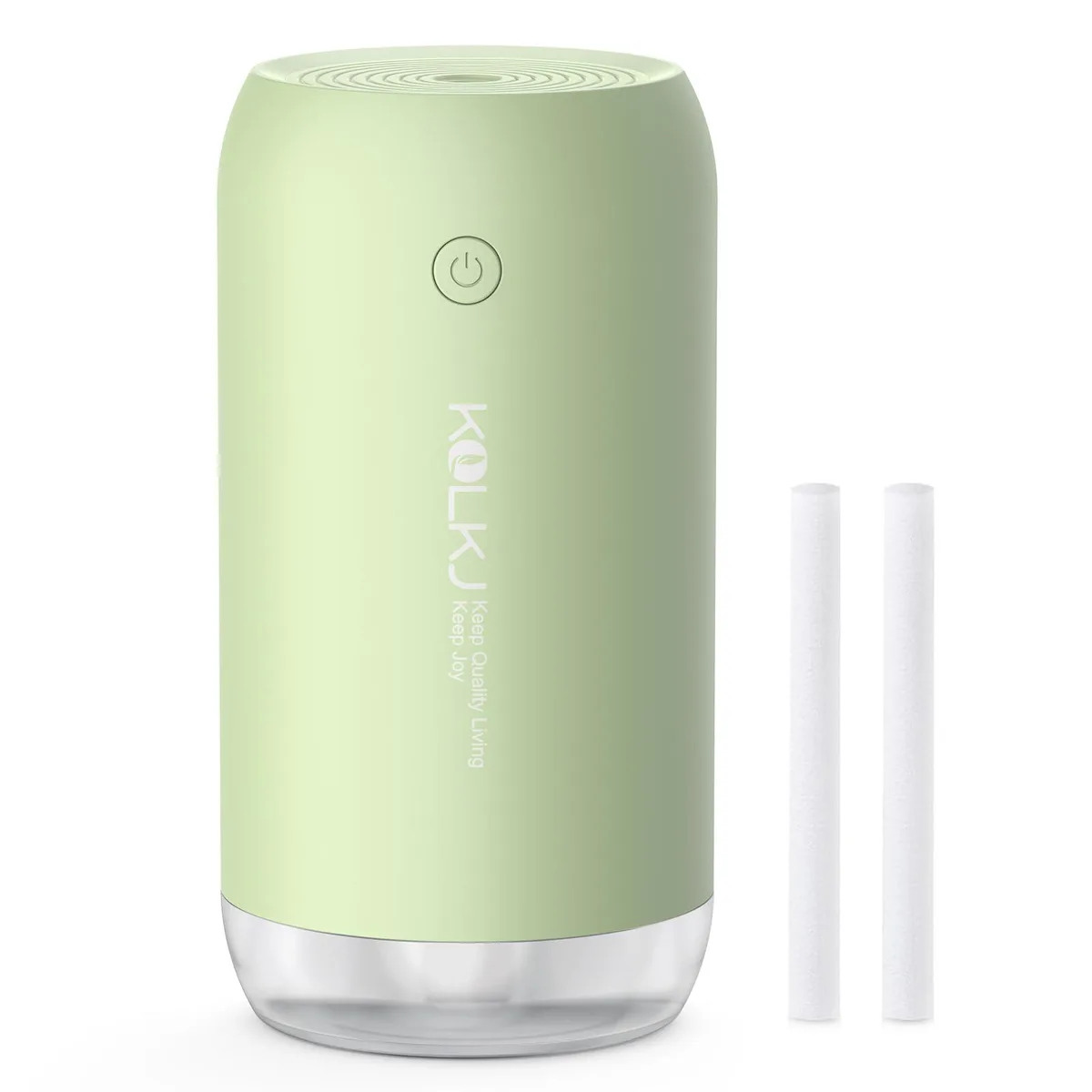 Green cylindrical mini humidifier with top-fill opening and USB cable visible
