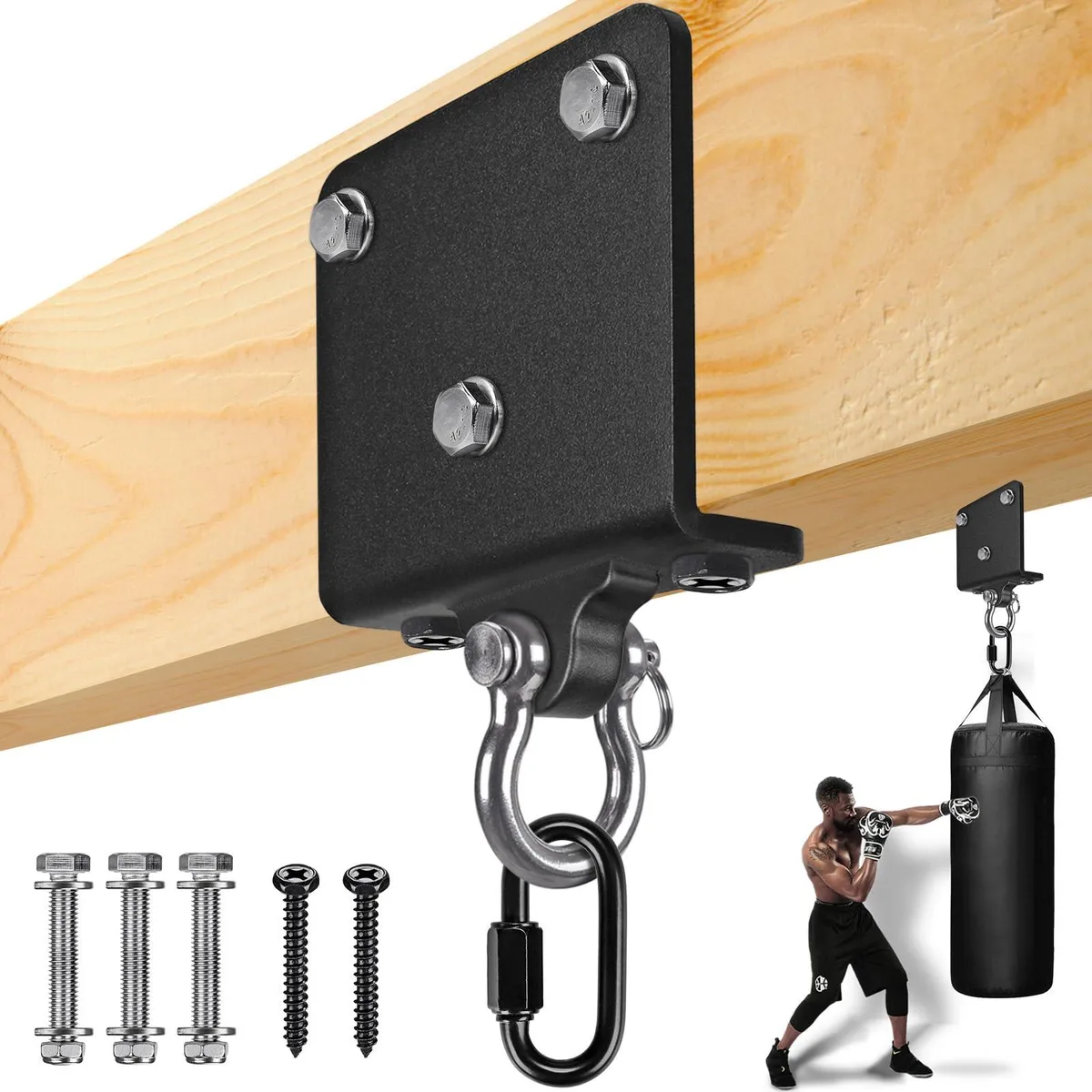 WORKPRO BHDH-55 heavy-bag beam hanger, carbon-steel bracket with stainless-steel 180° swing clasp and carabiner, coated finish