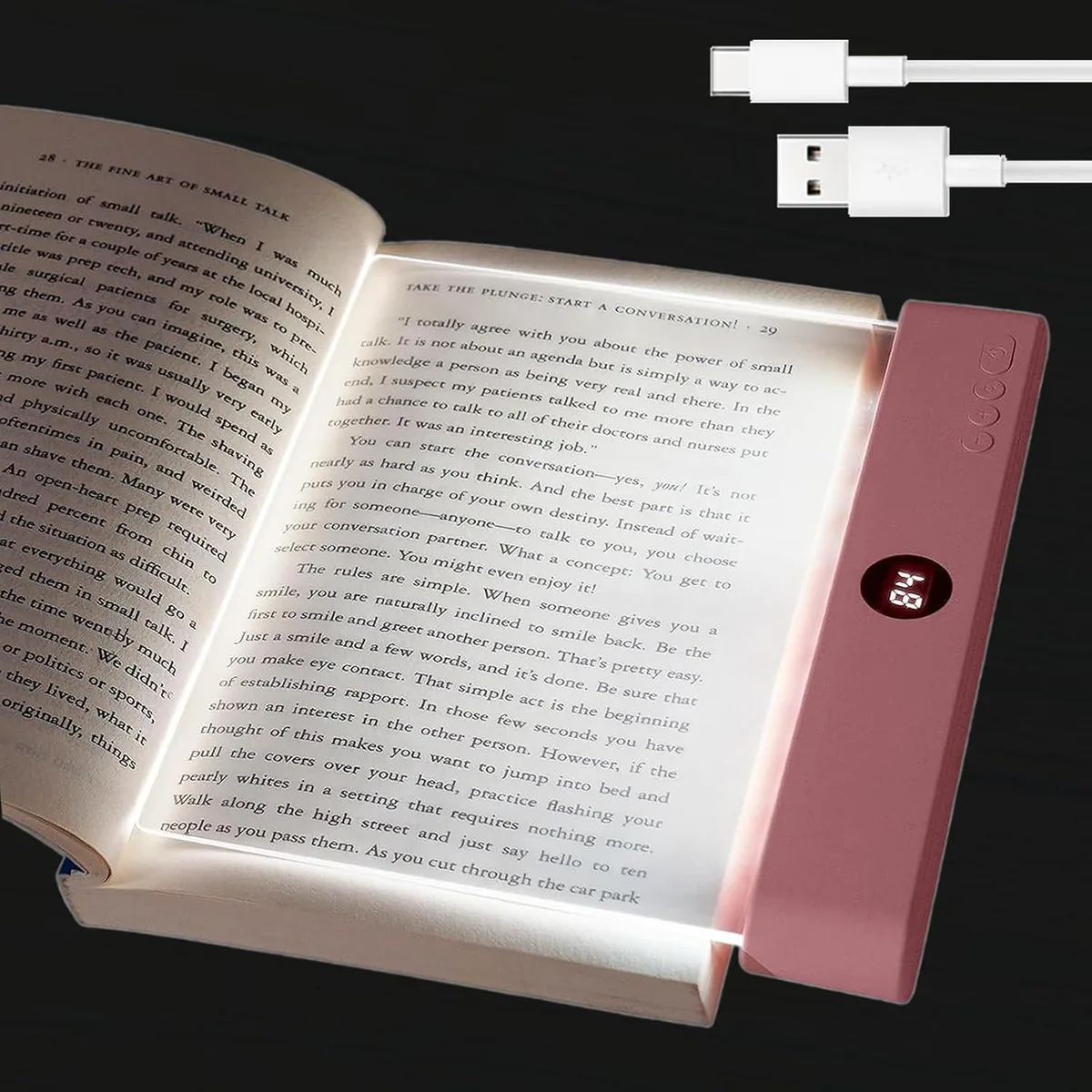 A slim pink bookmark-style LED light with a flat rectangular panel and curved clip edge