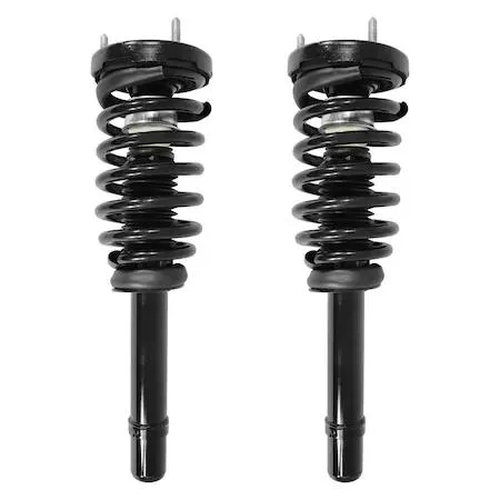 Pair of silver front strut assemblies with coil springs and top mounts