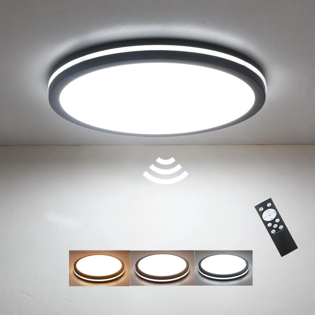 Round black flush-mount ceiling light with clear prismatic acrylic diffuser and remote control