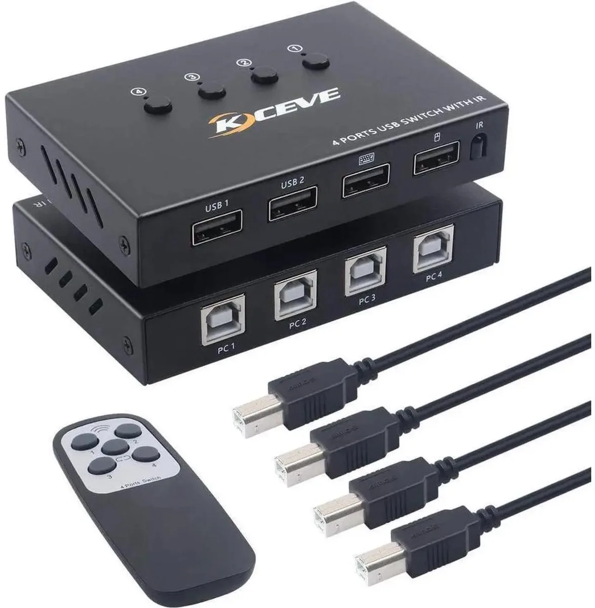 Compact black box with four front buttons and a small remote control