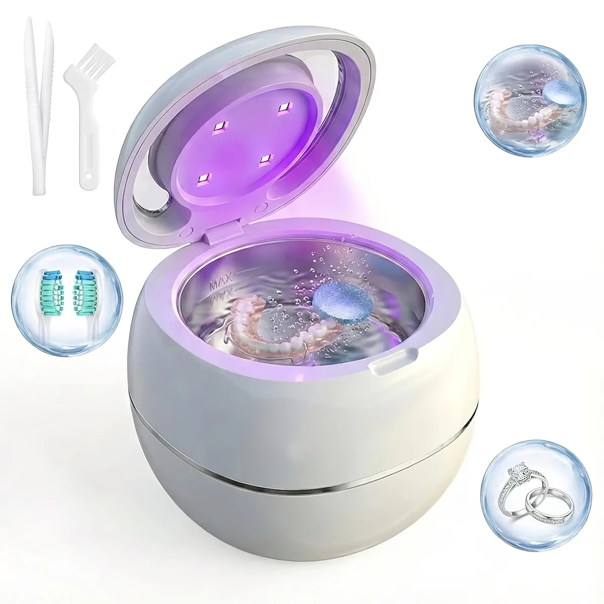 White rectangular ultrasonic cleaner with stainless steel tank and digital timer display
