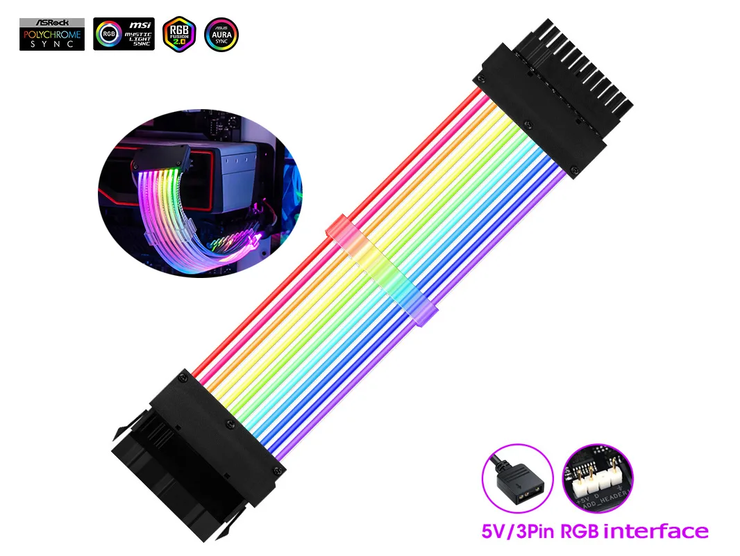 MengChu MengChu 24-pin ATX ARGB Extension Cable 240mm 18AWG 120 LEDs Black Grey — product photo