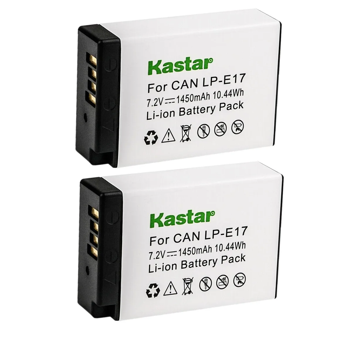 Two rectangular lithium-ion camera batteries in a light finish