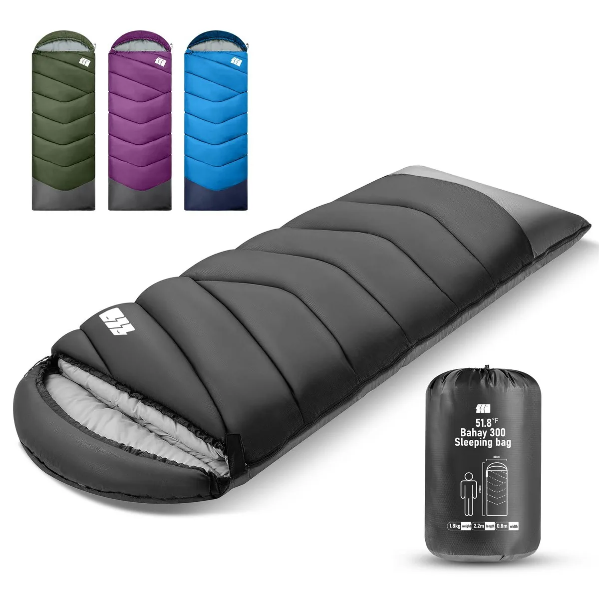 Blue rectangular sleeping bag with compression sack, nylon shell, two-way zipper and adjustable hood drawstring