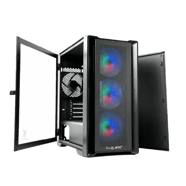 Black micro-ATX cube case with fine mesh front, side hinged tempered glass panel, four ARGB fans visible inside