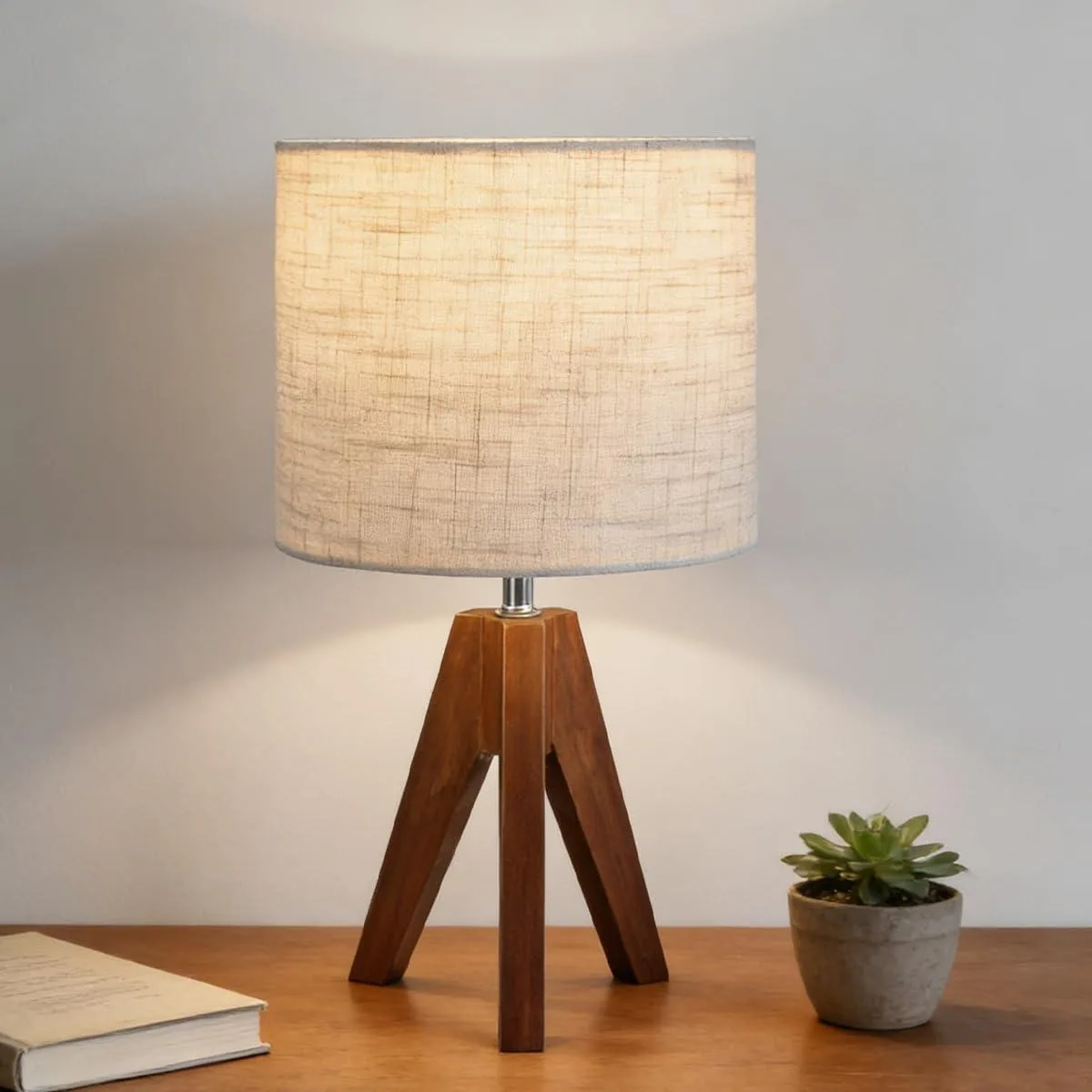 Espresso wood tripod table lamp with linen shade, 35 to 40 inches tall