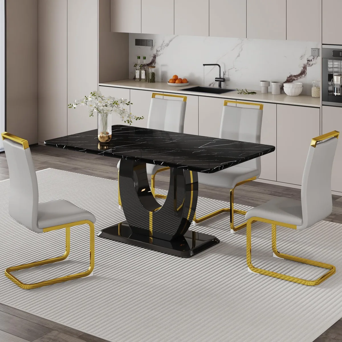 Sumdeal Sumdeal 63" Faux Marble Dining Set 5 Piece Black Light Gray Golden Legs — product photo