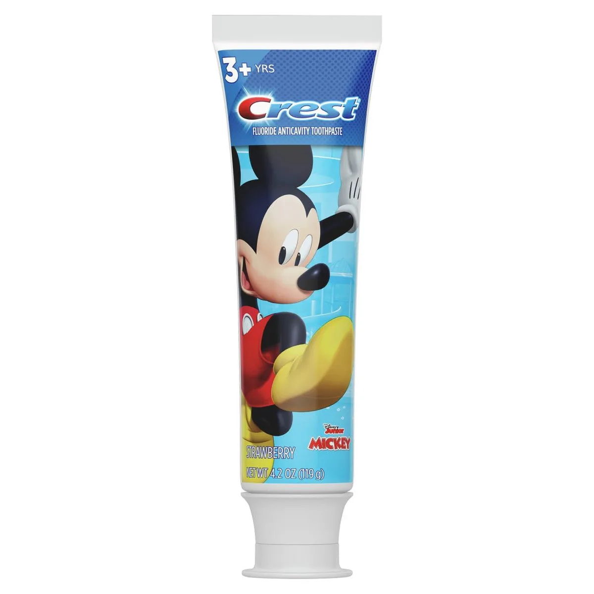 White squeeze tube with red cap and Mickey Mouse graphics, 4.2 Oz