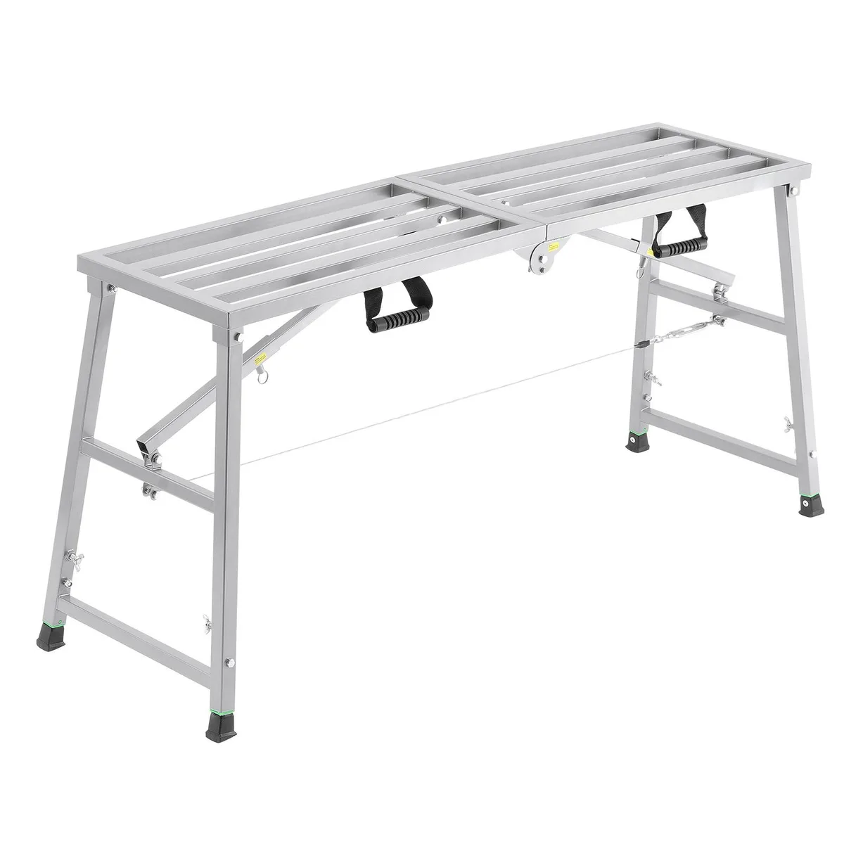 Silver folding alloy steel work platform with four adjustable height settings and non-slip rubber feet