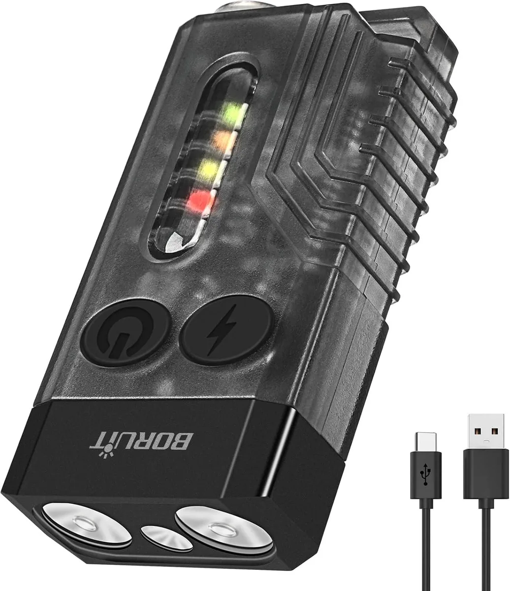 Small black rectangular keychain flashlight with magnet tail and two buttons