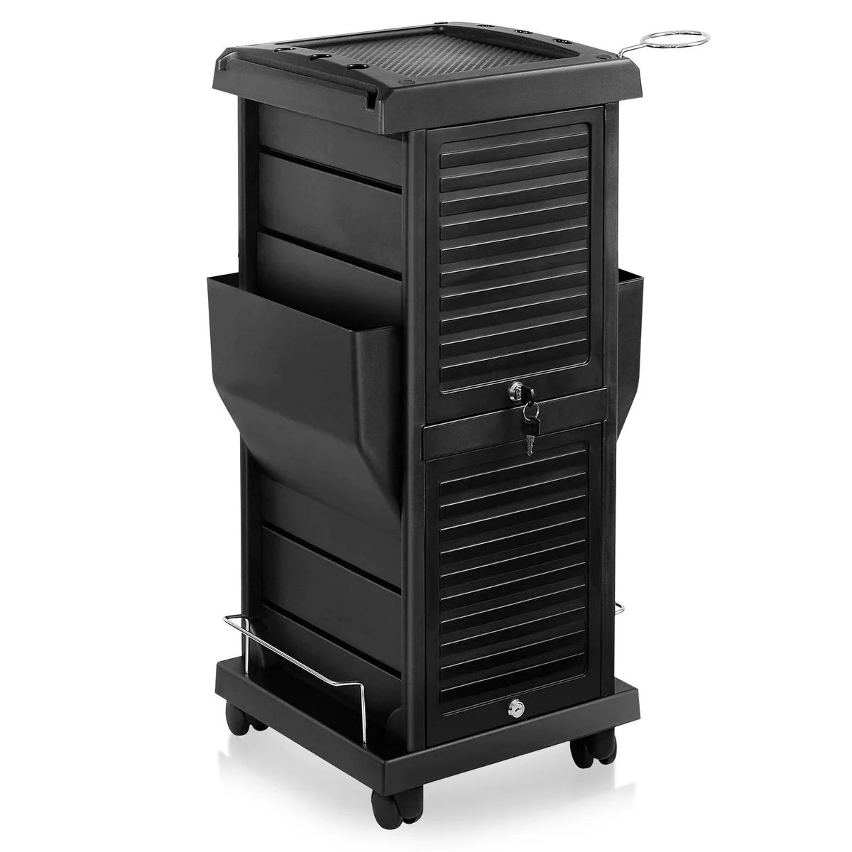 Black rolling trolley cart with four drawers, side pockets, wire holders, swivel casters and recessed top surface