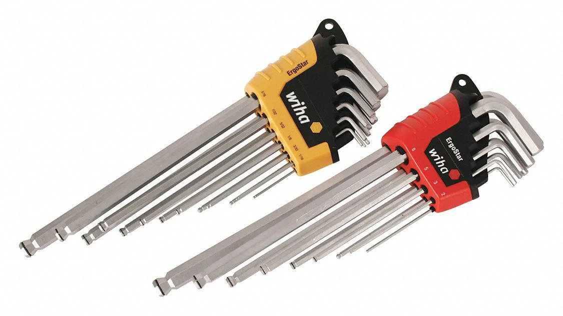 Twenty-two L-shaped hex keys in a holder, chrome finish, sizes from .050 to 10 mm