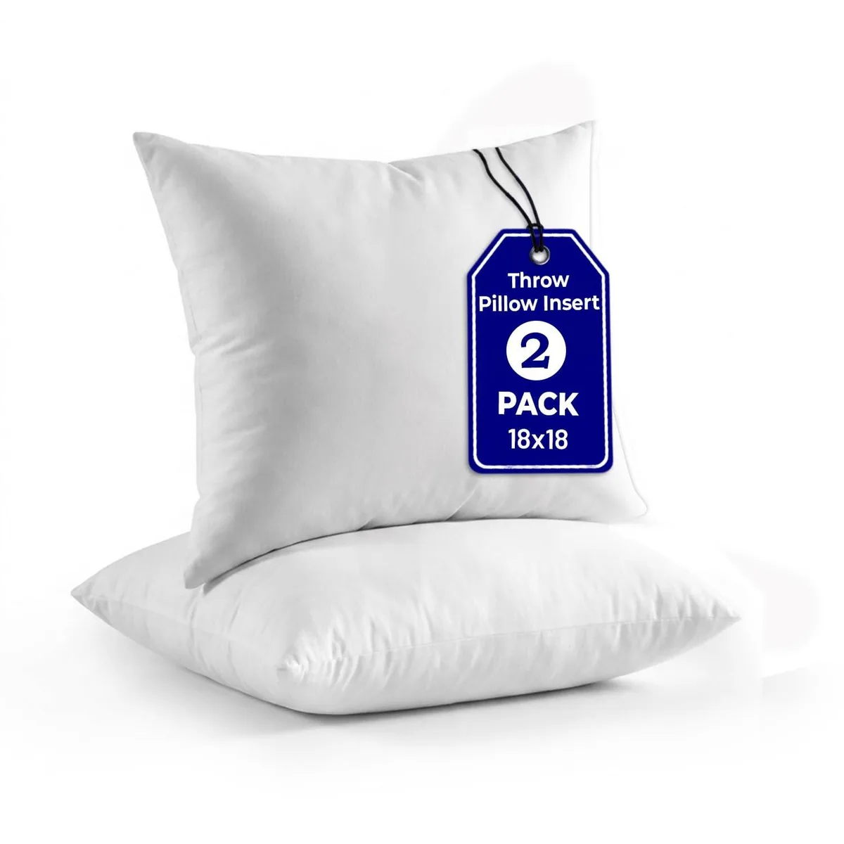 Two white square pillow inserts with zipper closure, 18 by 18 inches