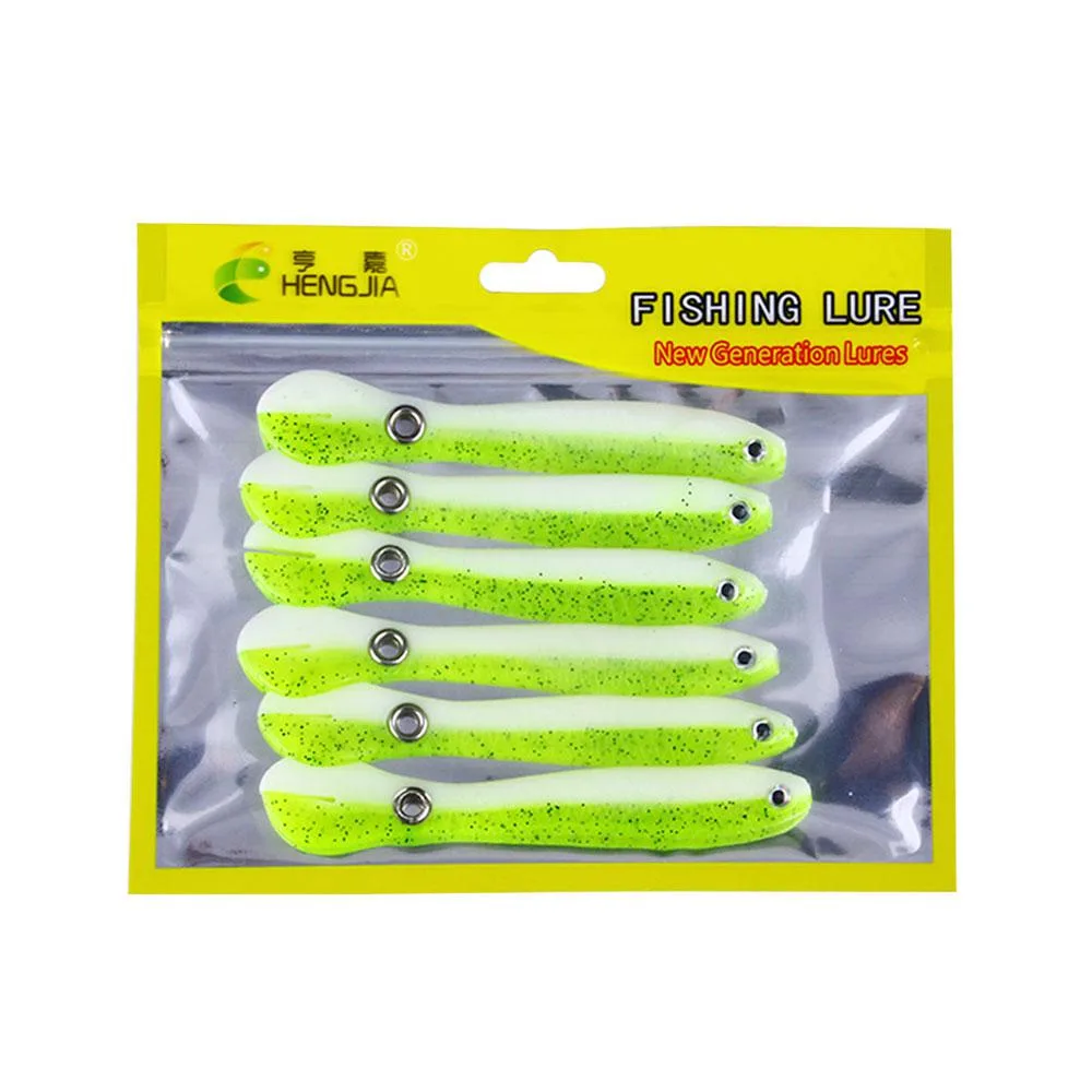 Six soft plastic loach lures in light green with glitter bodies and rotating tail spins