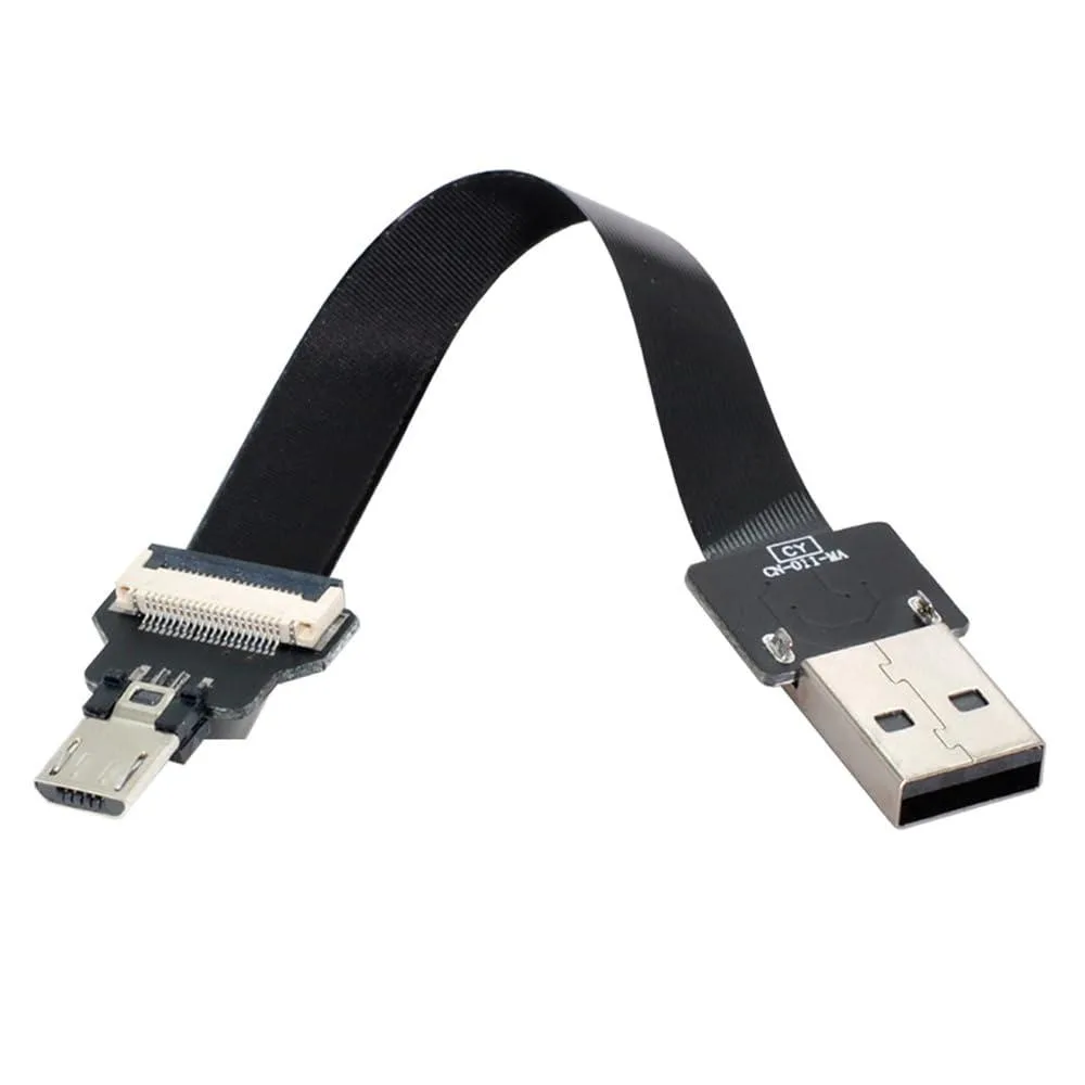 Black flat FPC cable with USB Type-A and Micro USB 5-pin male connectors, 20cm length