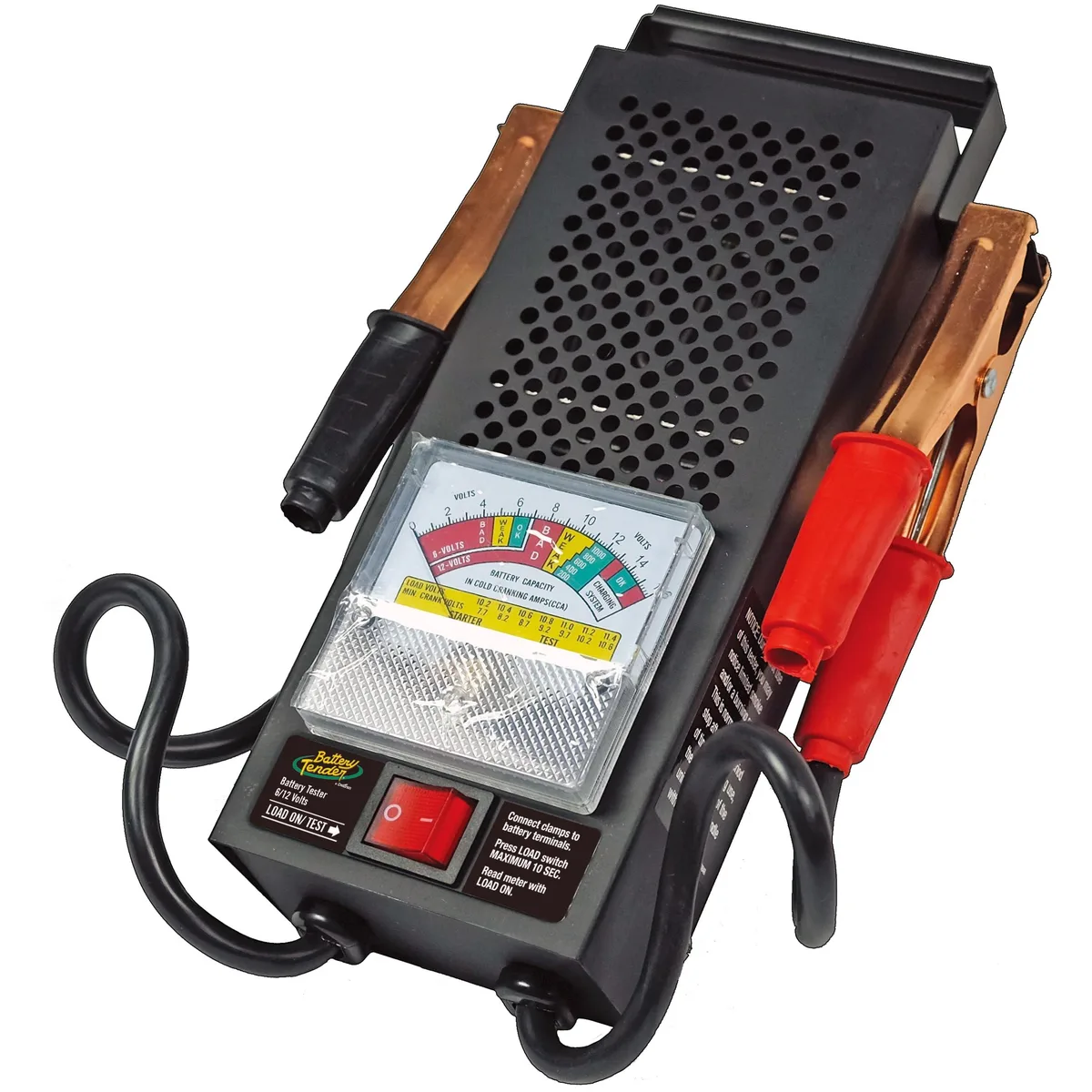 Rectangular battery load tester with rubber handle and red black alligator clamps