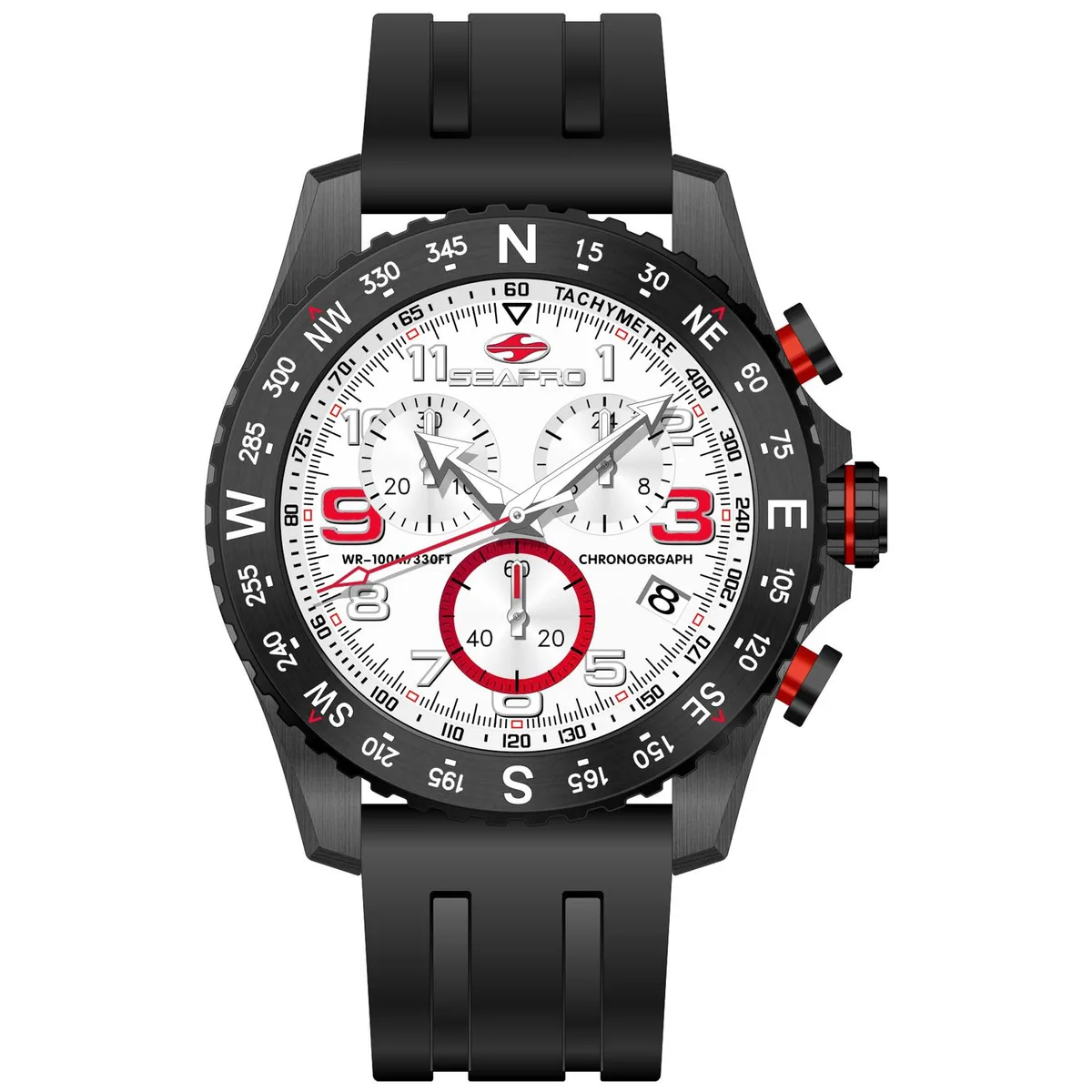 Silver stainless steel case with white dial and black rubber strap