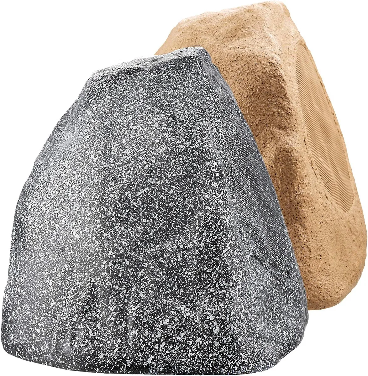 Grey rock-shaped outdoor speaker pair, weather-resistant finish