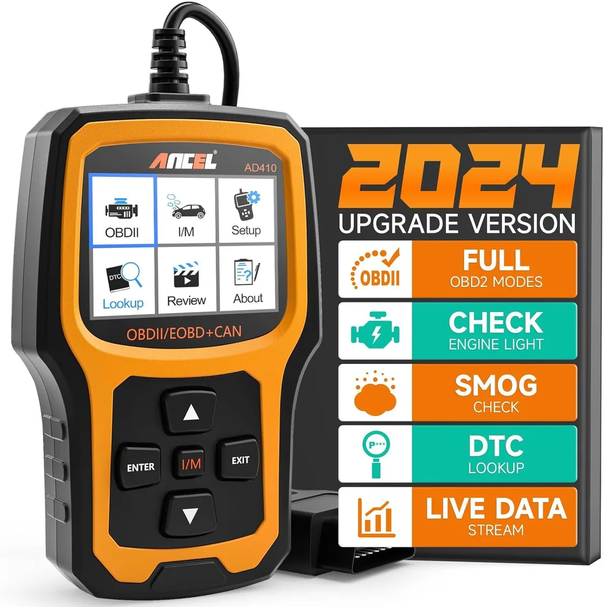 Handheld OBD2 scanner in black and yellow with screen and cable