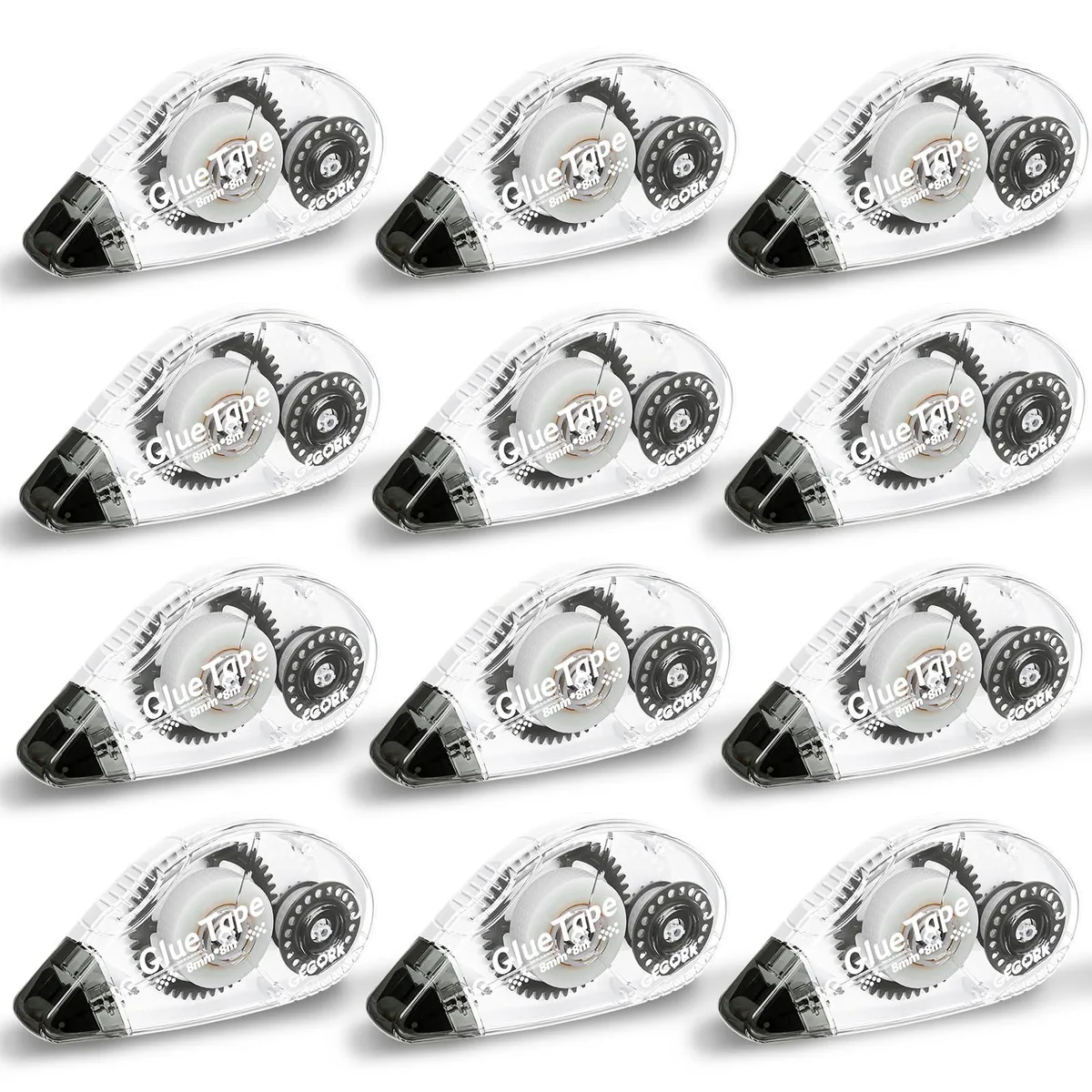 Twelve grey plastic double-sided tape rollers in a pack