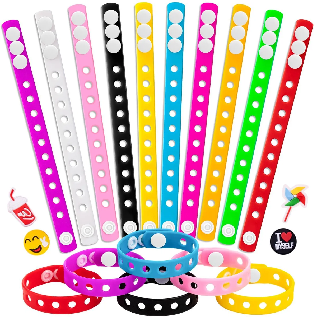 Twenty adjustable silicone charm bracelets in ten mixed colours laid flat