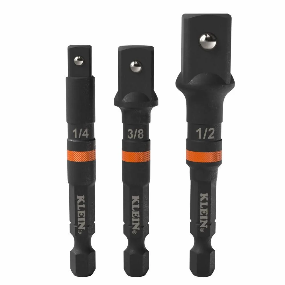 Three black alloy steel socket adapters with orange bands, knurled shafts and square drives in 1/4 3/8 and 1/2 inch sizes