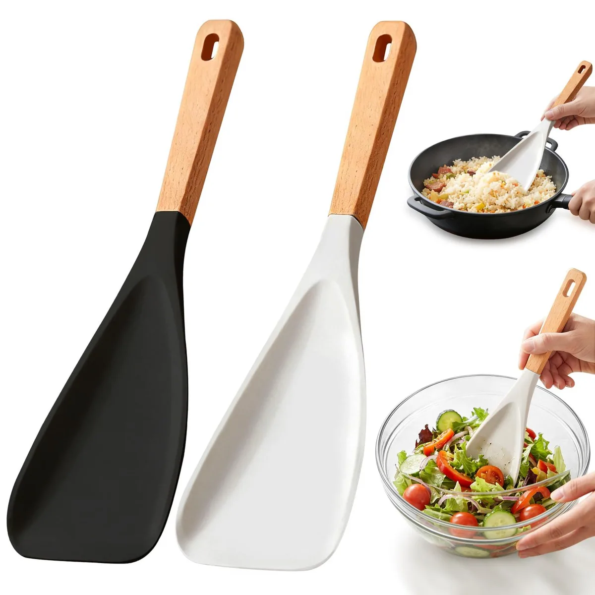 Two black matte silicone spatula spoons with ash wood handles and hanging holes