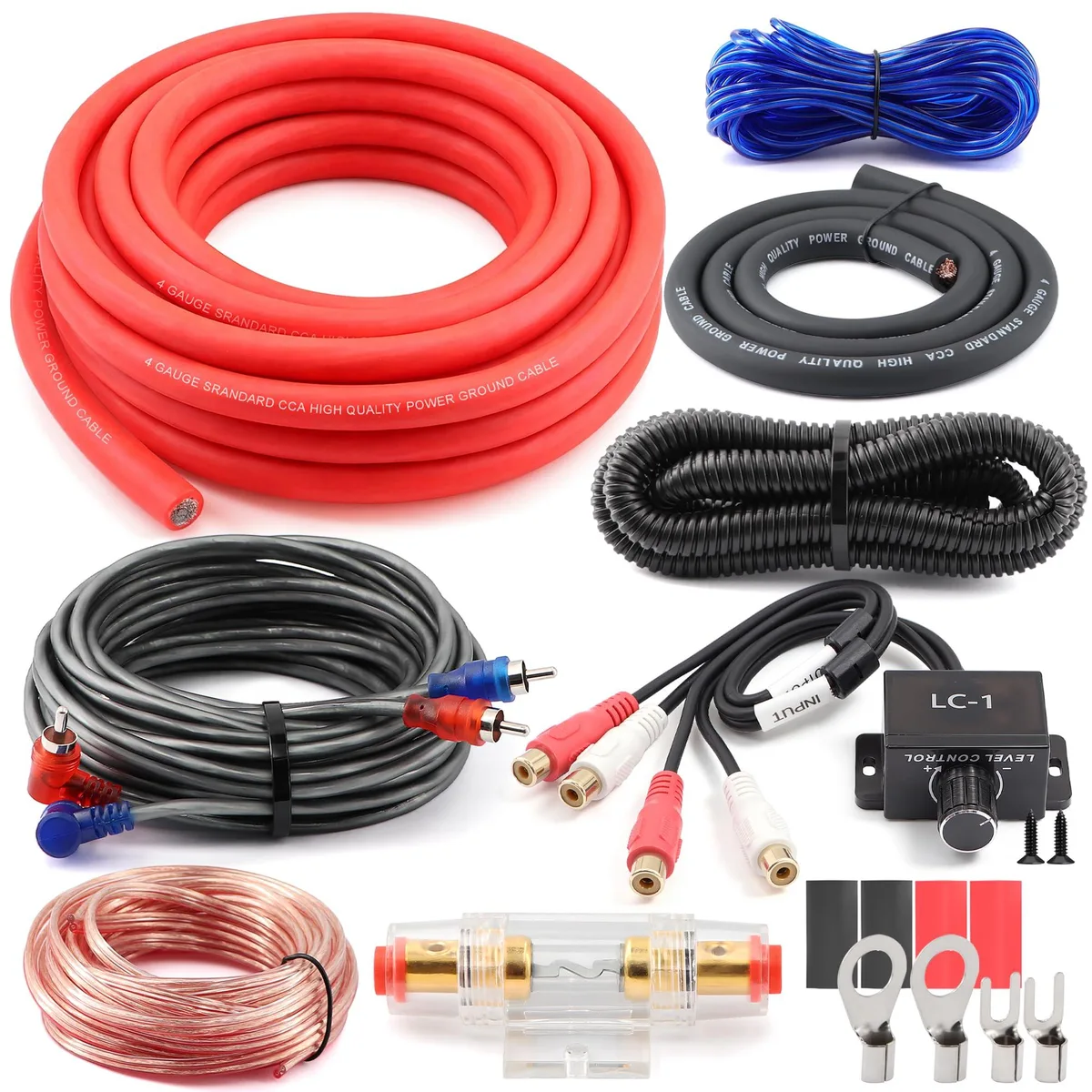  Fuzbaxy 4 Gauge 1200W Amplifier Wiring Kit with LC-1 RCA Remote Bass Control Knob — product photo