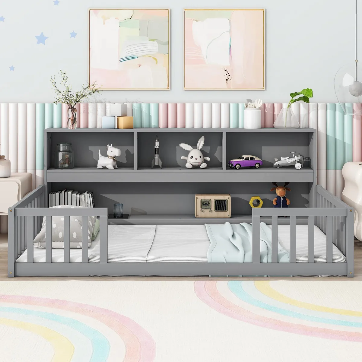 Twin floor bed in grey pine with attached bookcase shelves and guardrails
