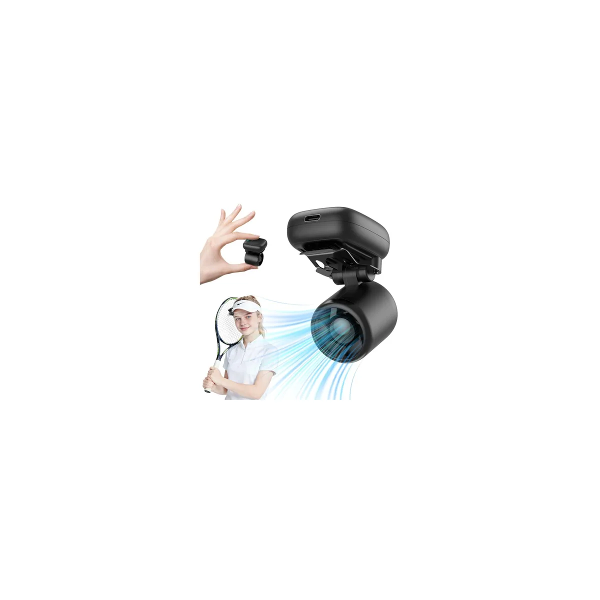 Small black clip-on fan with five blades and USB-C port