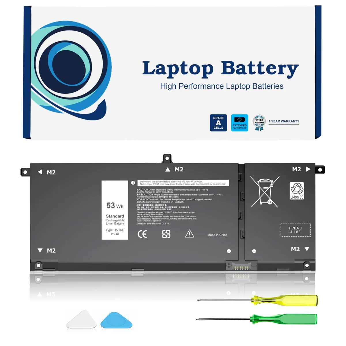 Black rectangular laptop battery with silver connectors and H5CKD label