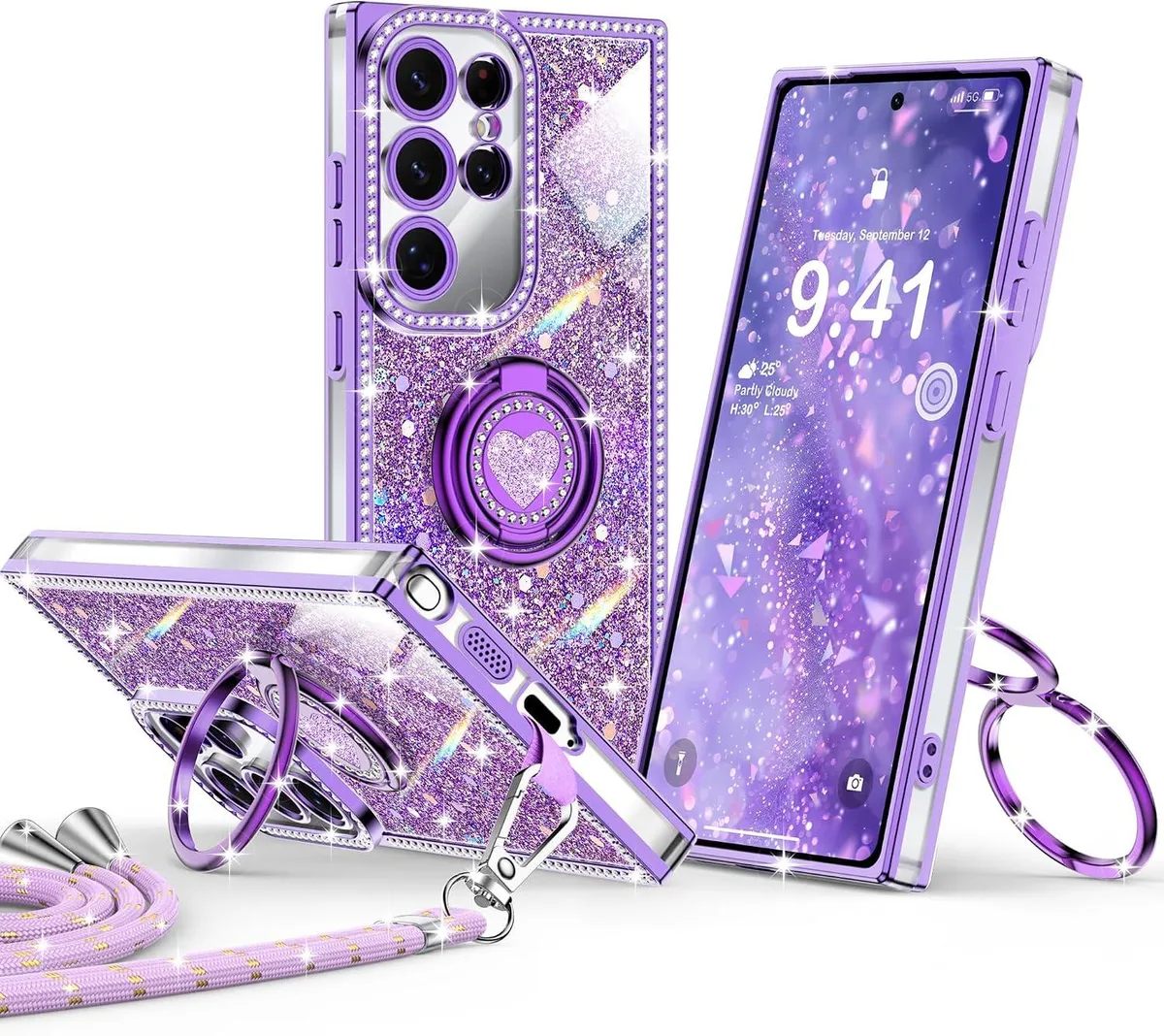 Transcend Transcend Galaxy S24 Ultra 6.8 Case Glitter Bling Heart Stand Lanyard Purple — product photo