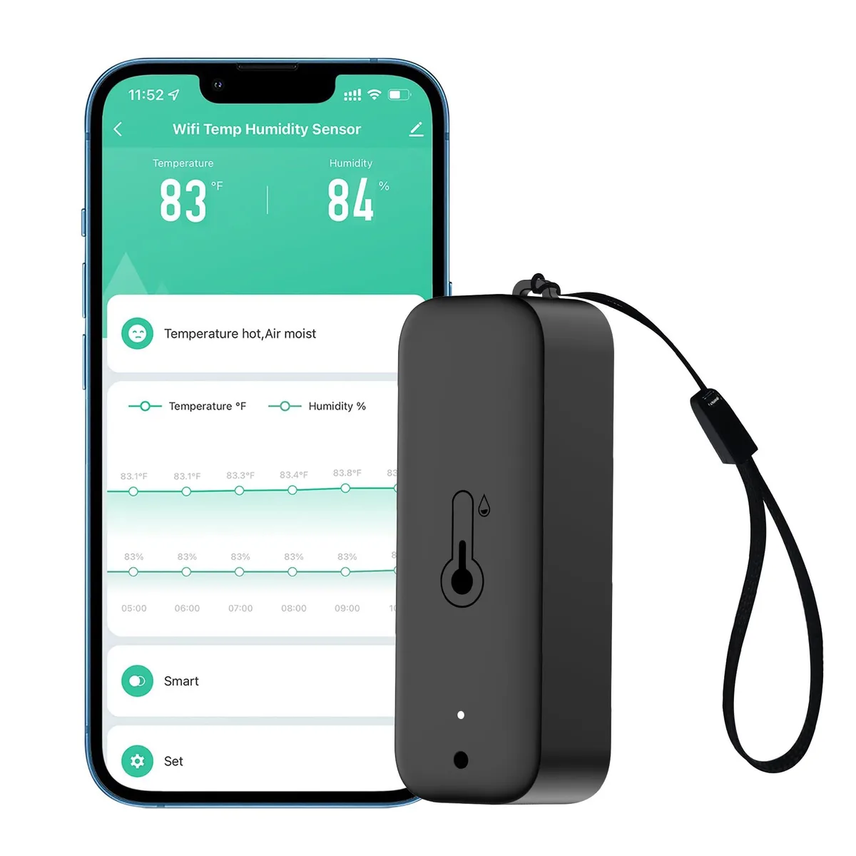 Small black rectangular sensor with rounded edges and a lanyard loop