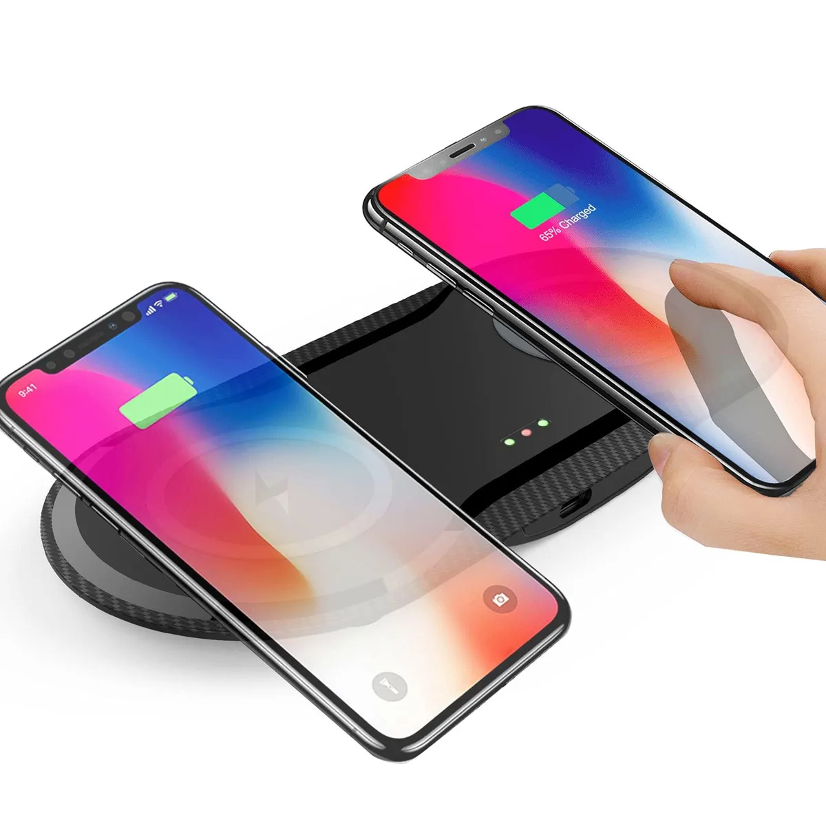 Black rectangular wireless charging pad with two charging zones and USB-C cable