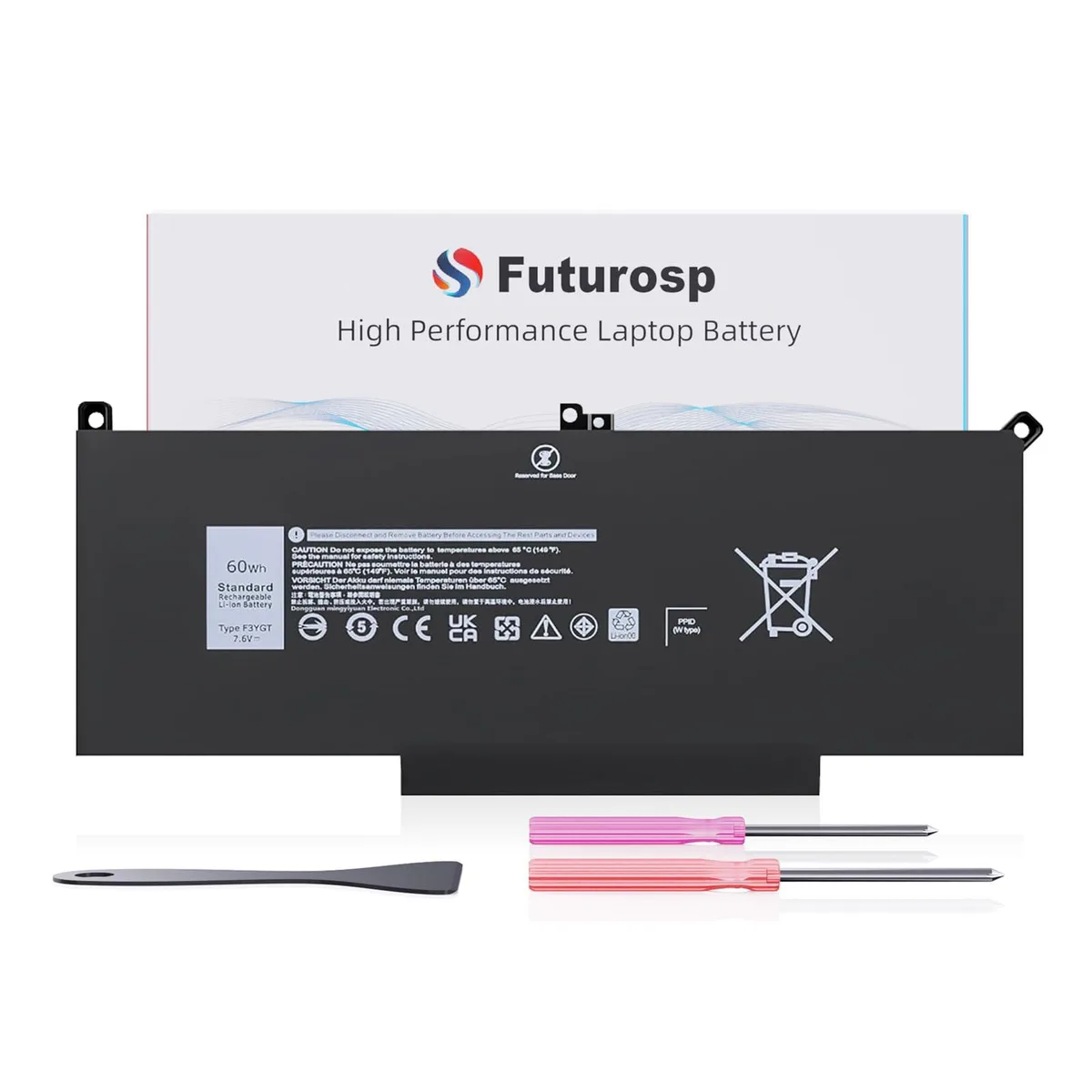 Rectangular black laptop battery with label showing 60Wh 7.6V