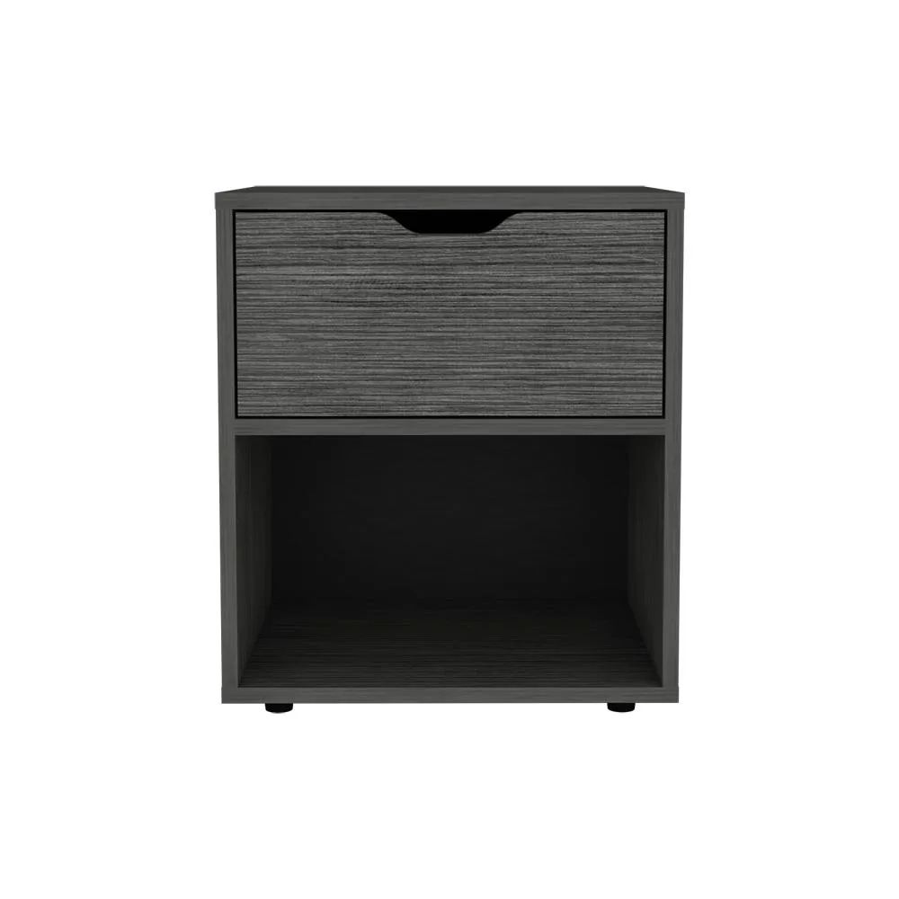 Light gray engineered wood nightstand with open shelf and drawer on four legs
