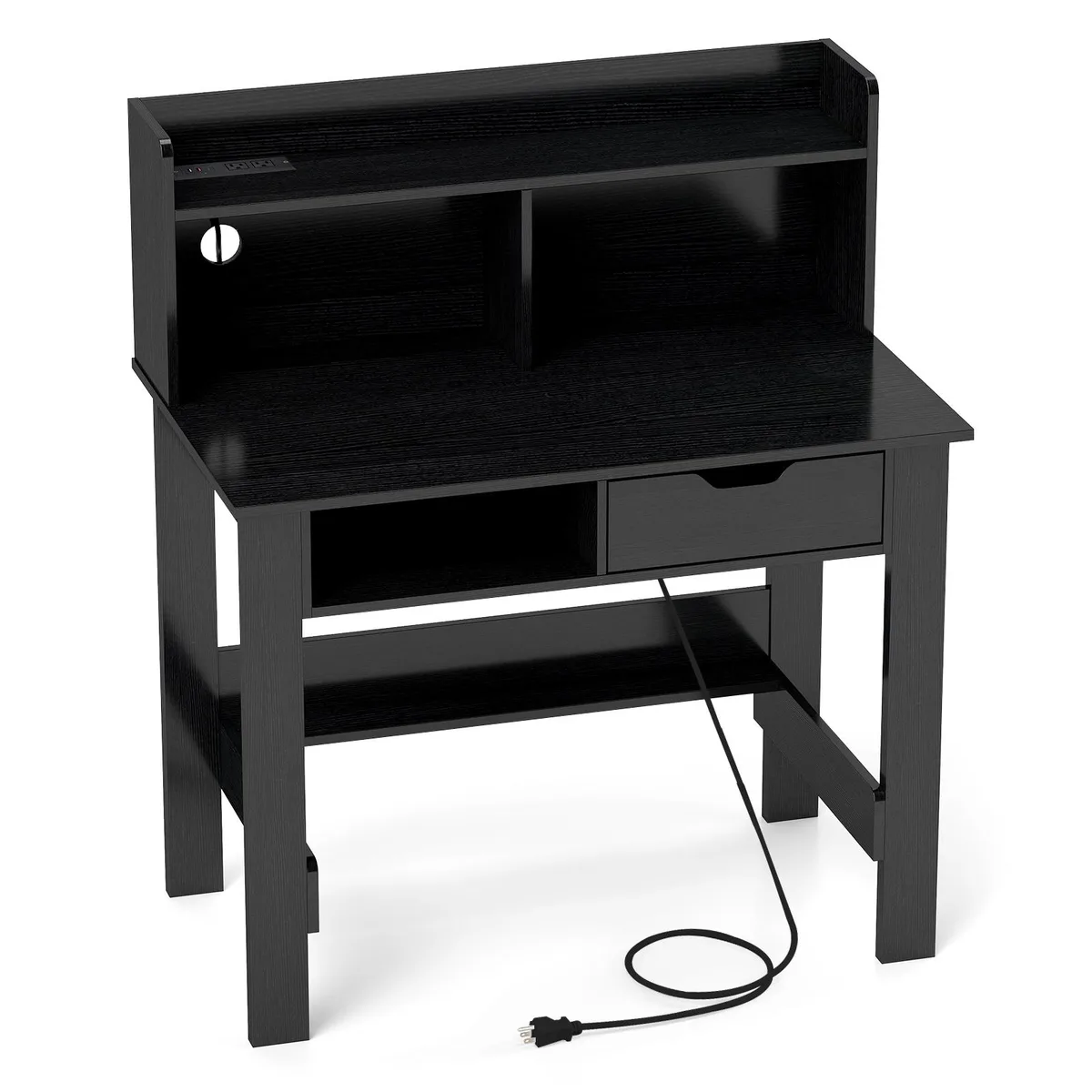 Black rectangular computer desk with built-in power outlets and USB ports, engineered wood finish, 37.5 by 22 by 43 inches