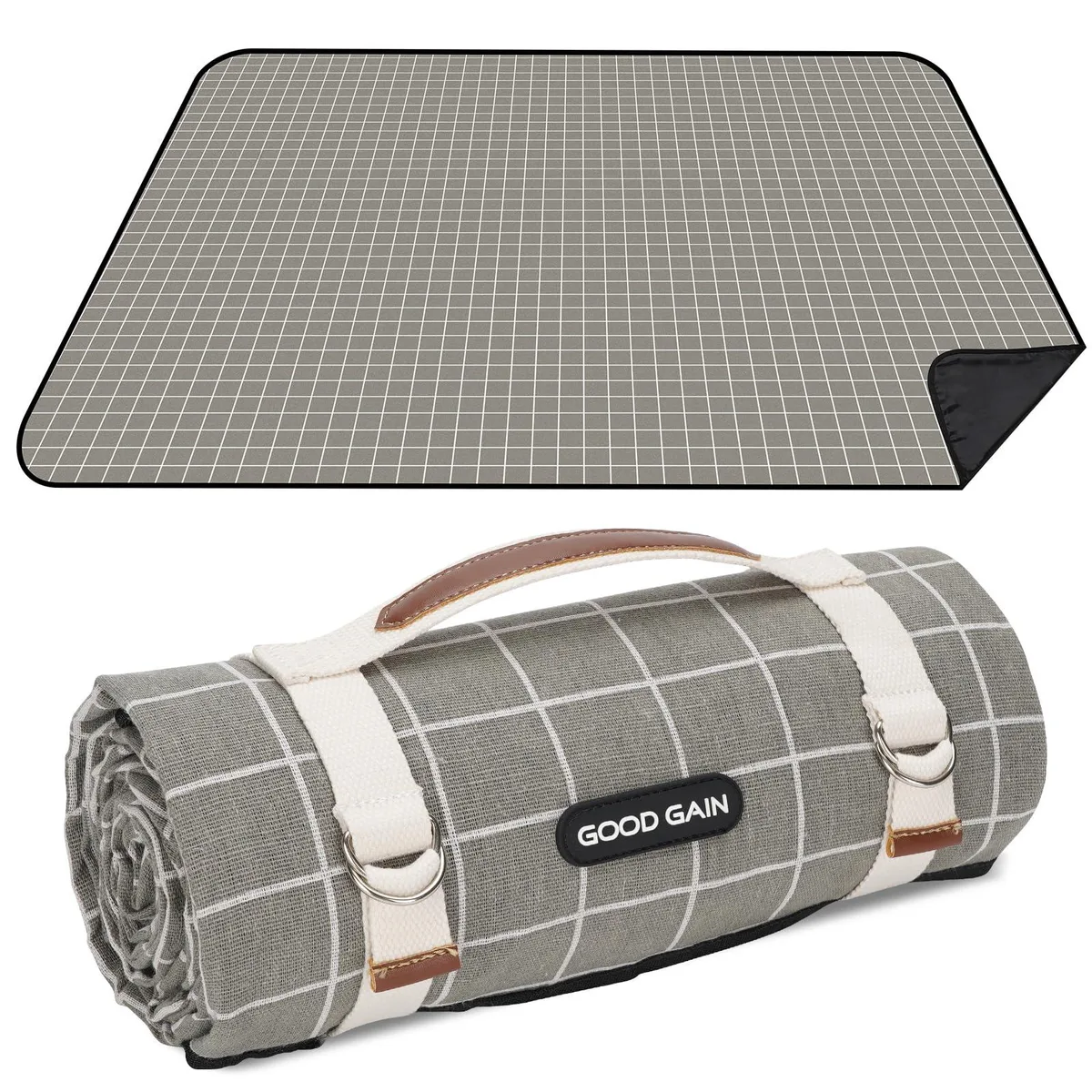 Grey check picnic blanket folded with carry strap and double ring buckle