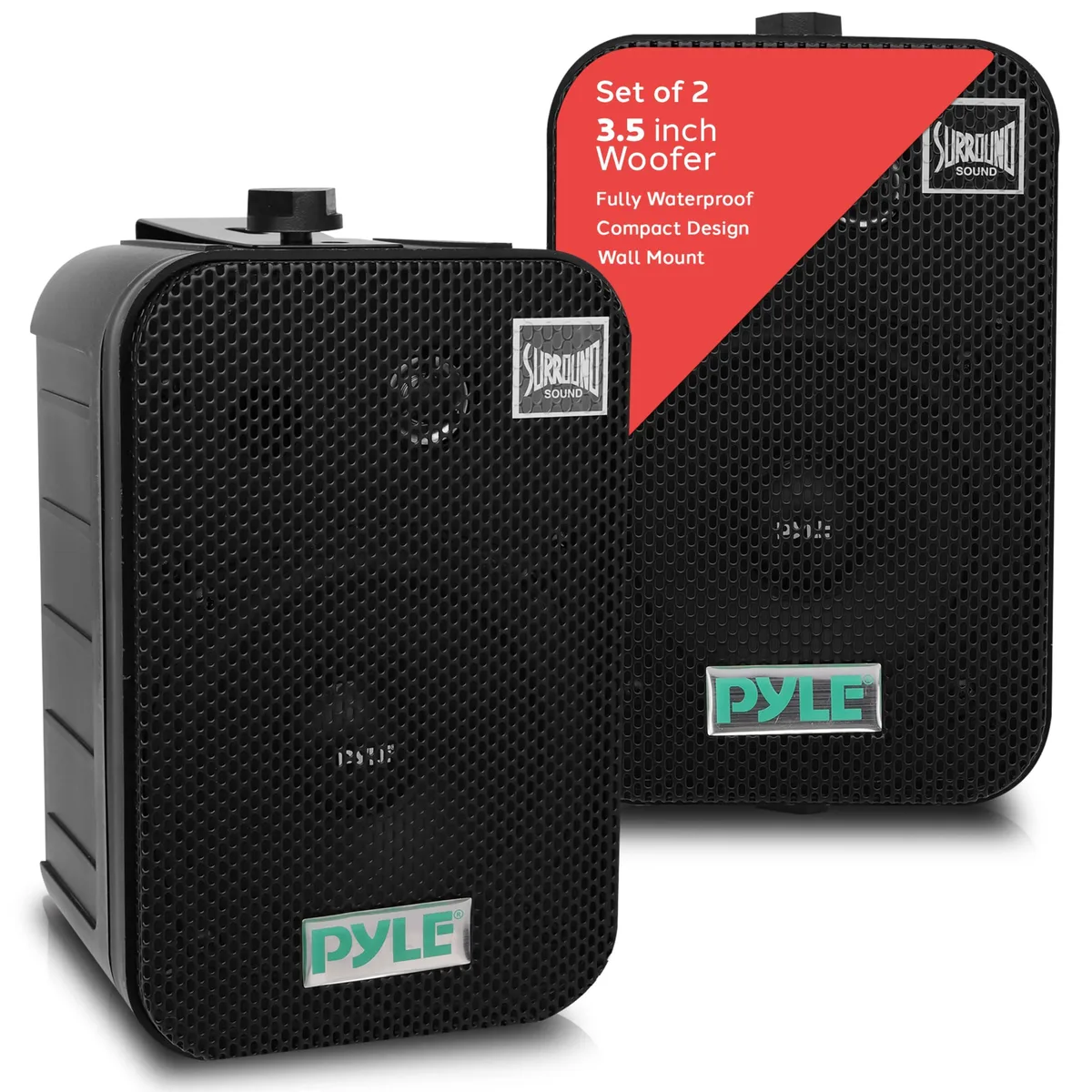 Pair of black outdoor speakers with rectangular cabinets, silver grilles, and mounting brackets