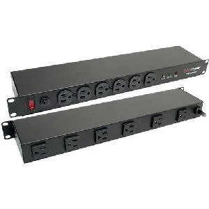 Black metal 1U rackmount surge protector with twelve NEMA 5-15R outlets, six front and six rear, and a NEMA 5-15P input plug