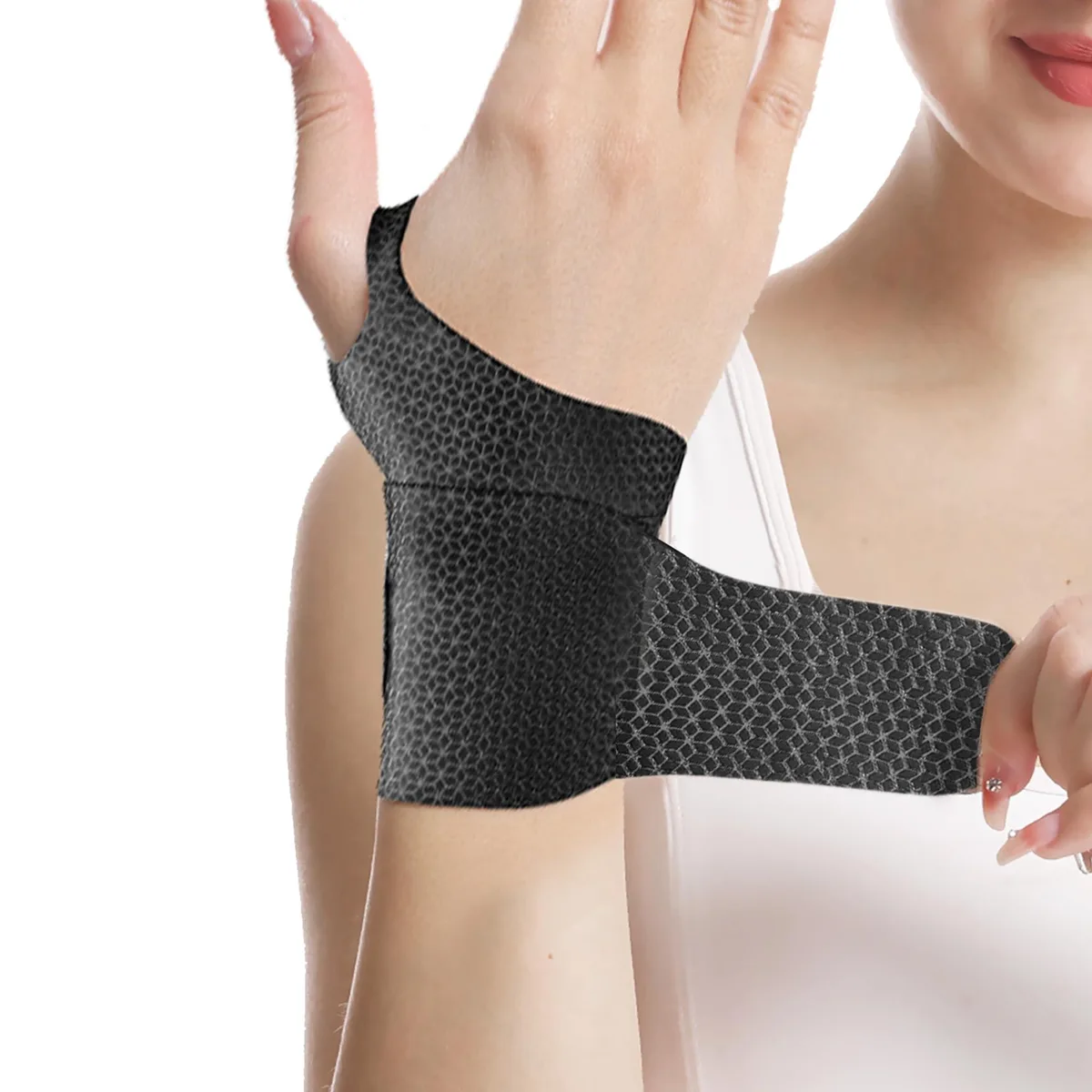 Two black ultra-thin wrist braces with thumb loops, one size, 80% nylon 20% spandex fabric